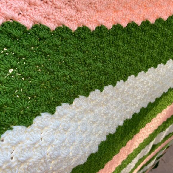 Vintage Crocheted Twin Blanket Green Peach White Striped - Picture 3 of 4